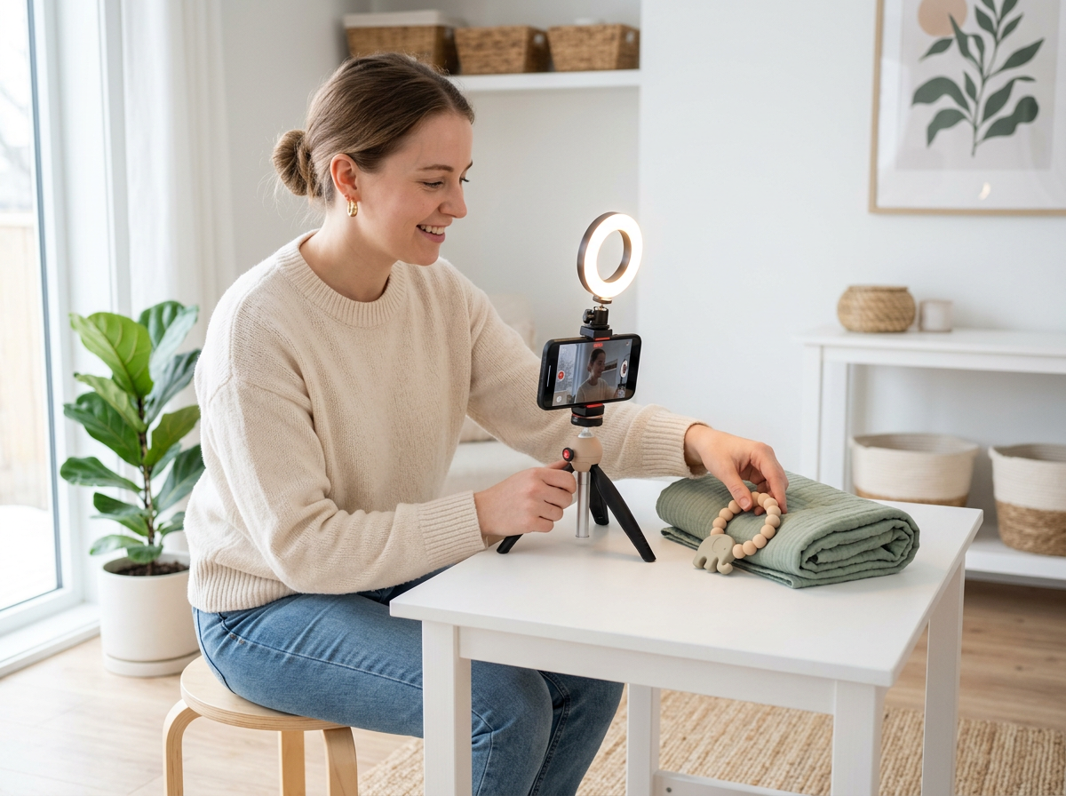 A creator filming a baby swaddle and teether on a tripod with a ring light