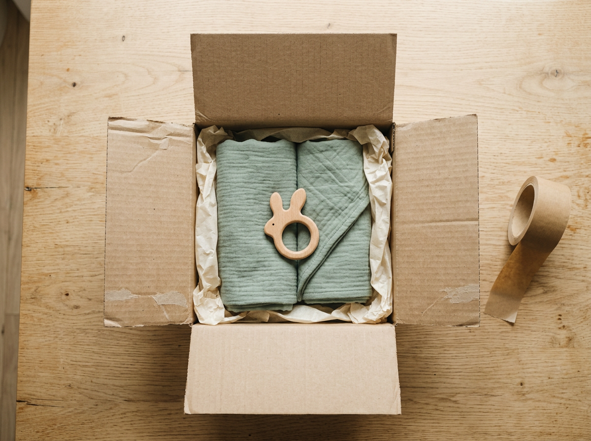 An open shipping box with a sage muslin swaddle set and a wooden teether packed in tissue paper